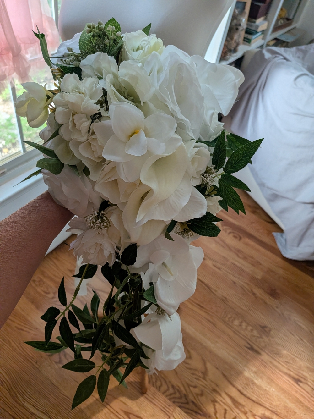 Bridal White Cascading Faux Bouquet with Greenery - Picture 4 of 13